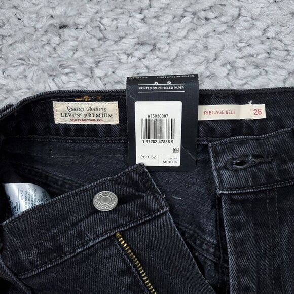 Levi's Premium Ribcage Bell Bottom Jeans Wide Leg Black Size 26 x 32 Stretch - Picture 4 of 9